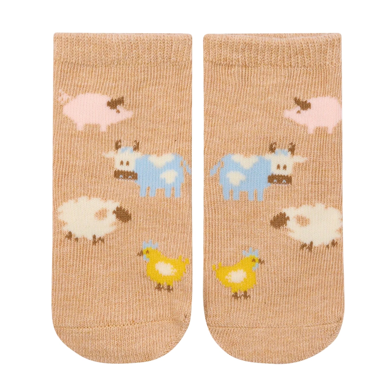 Pair of socks with farm animal pattern on a beige background