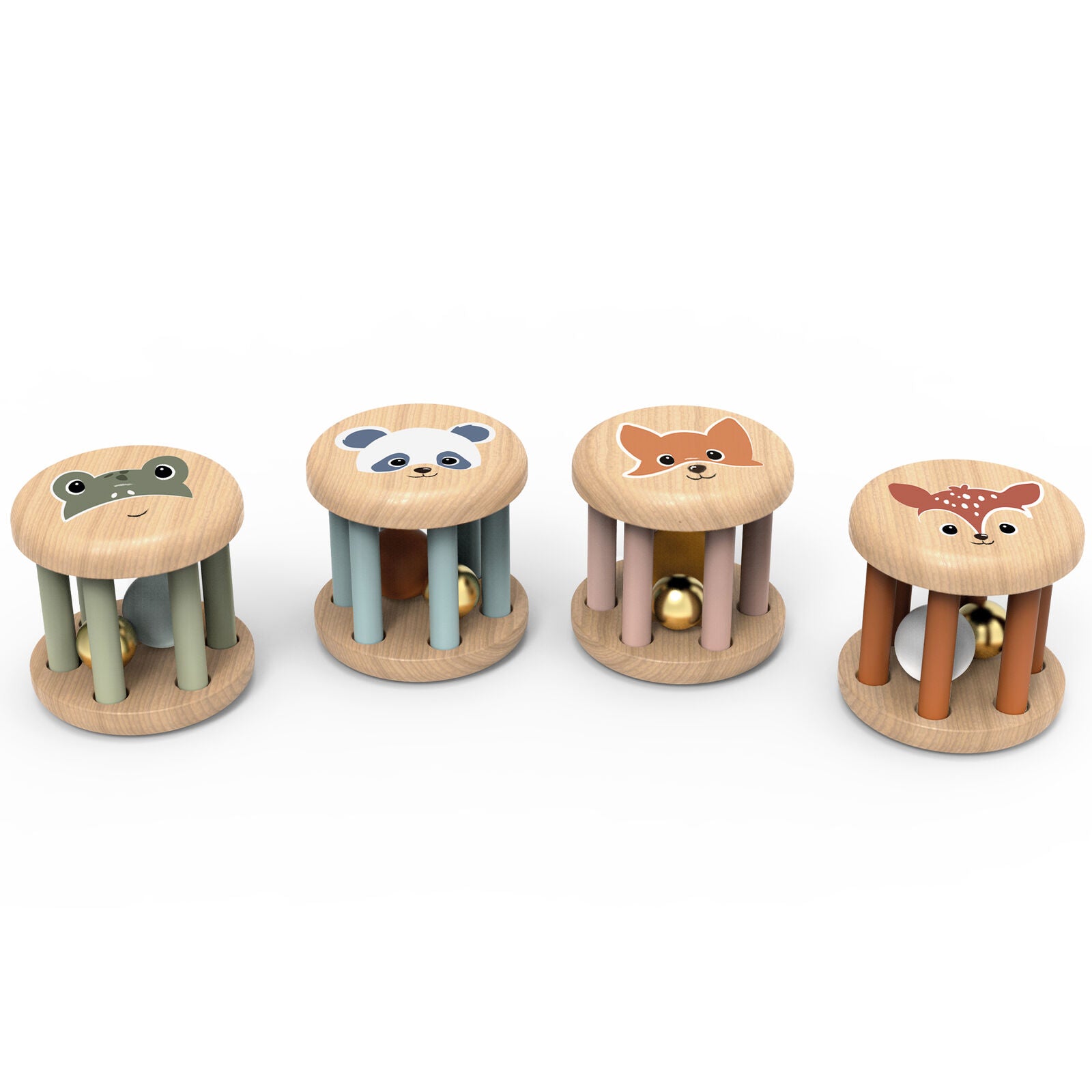 Set of four wooden baby toys with animal faces on a white background
