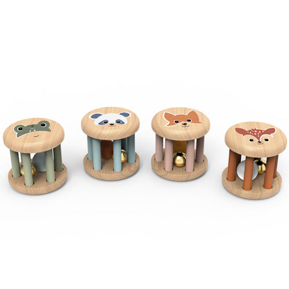 Set of four wooden baby toys with animal faces on a white background