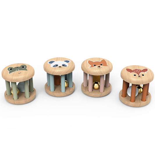 Set of four wooden baby toys with animal faces on a white background