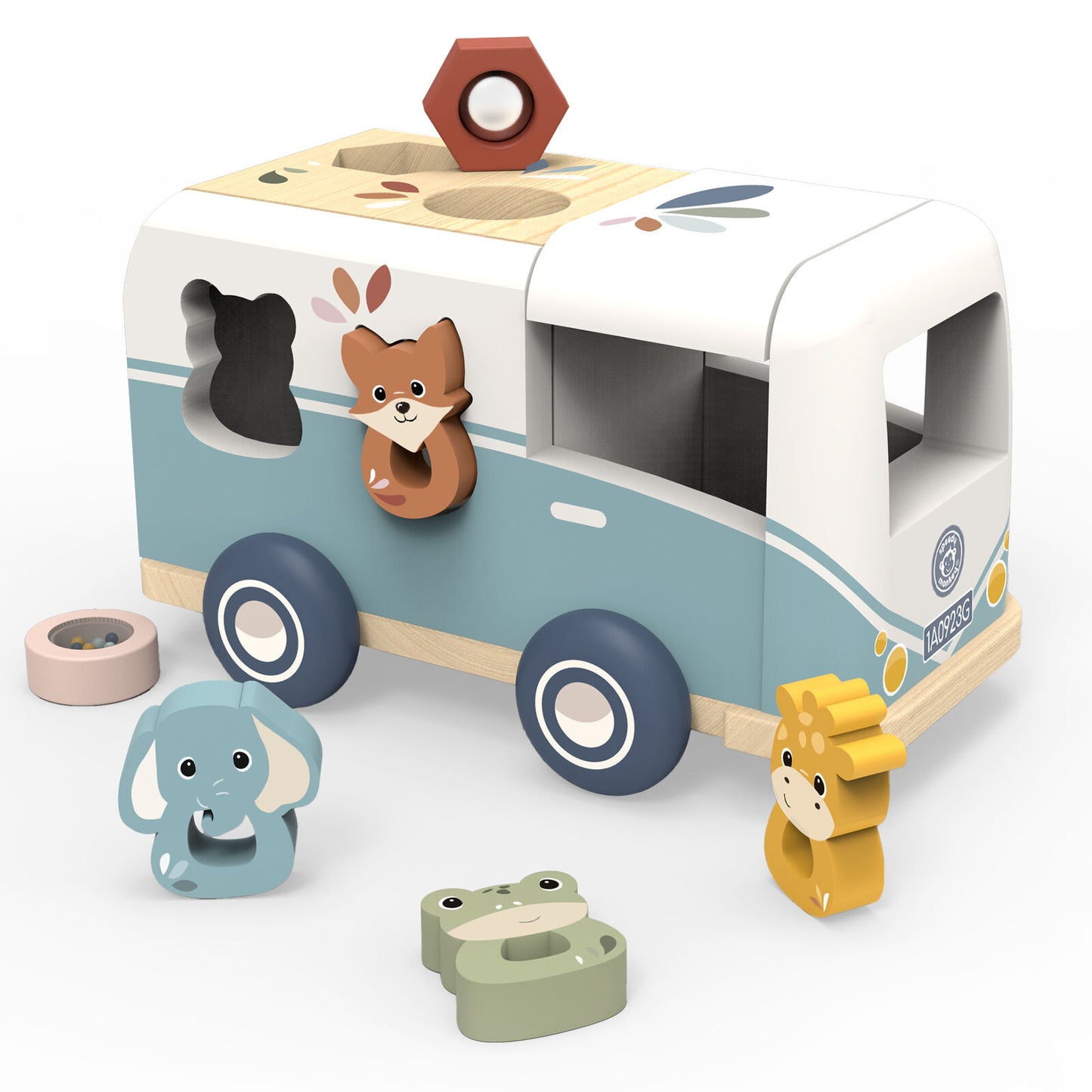 Wooden toy van with animal-shaped blocks on a white background