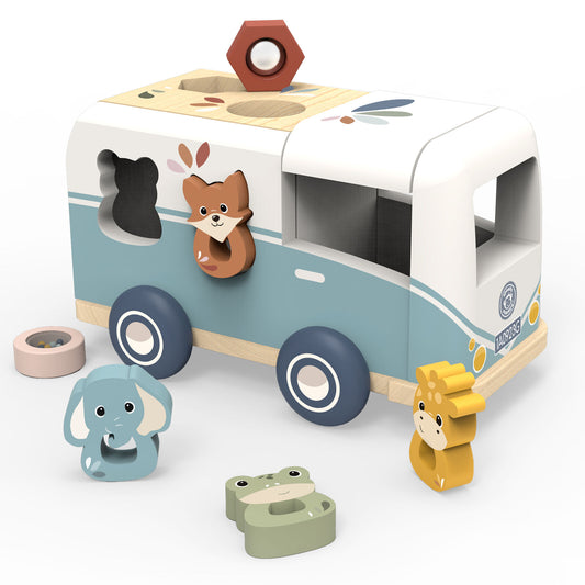 Wooden toy van with animal-shaped blocks on a white background