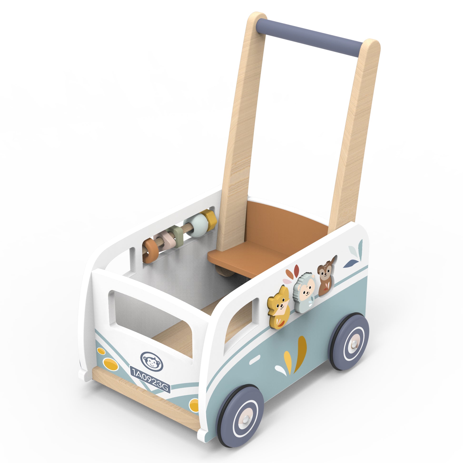 Wooden toy car with a handle and animal illustrations on a white background