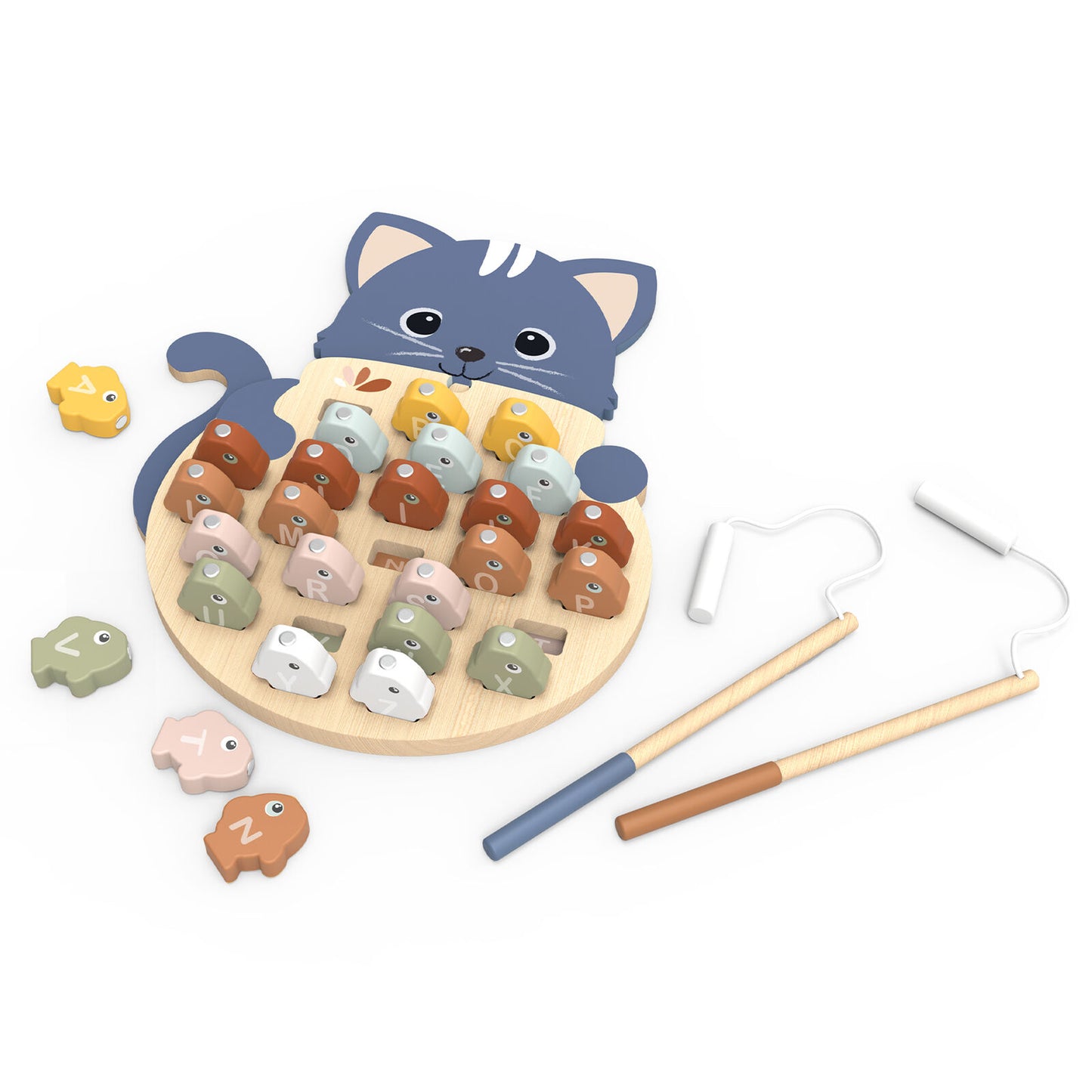 Wooden toy with cat-shaped top and various shaped blocks on a white background