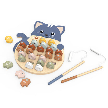 Wooden toy with cat-shaped top and various shaped blocks on a white background
