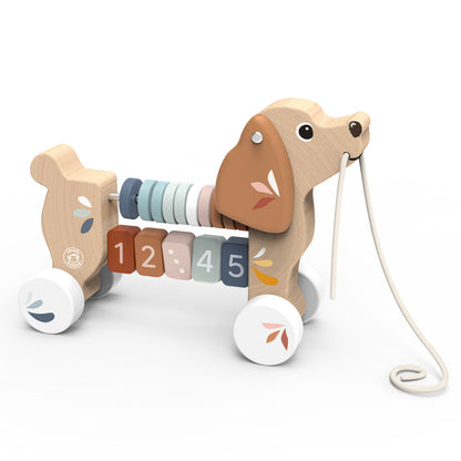 Wooden toy dog with a pull string and number sequence on a white background