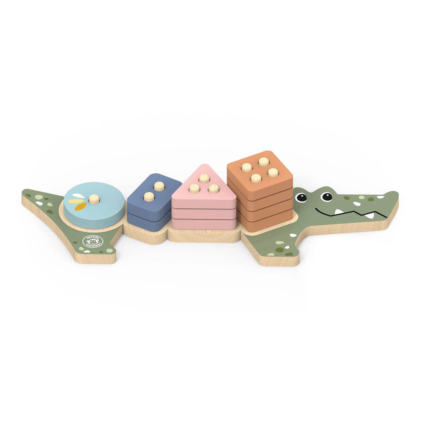 A wooden alligator-shaped stacking toy on a clean white background. The toy features a green alligator head with white teeth, a blue circular piece with yellow pegs on the tail, a blue rectangular piece, a pink triangular piece, and a brown square piece with four pegs, all connected by wooden segments.