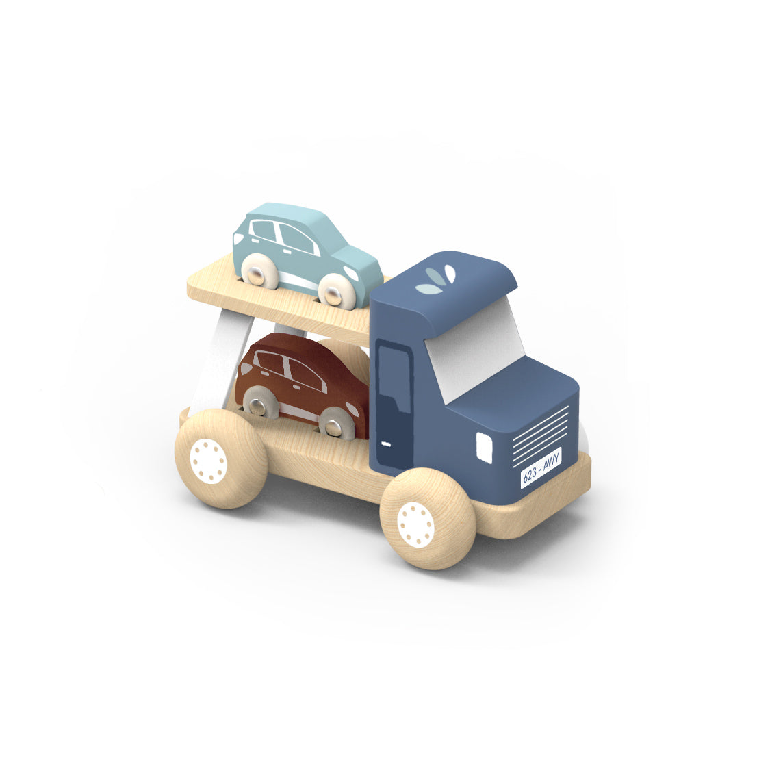A wooden toy car carrier truck with a blue cab and natural wood chassis, carrying two small wooden cars on its deck, shown on a clean white background.