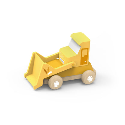 A small wooden toy bulldozer in yellow and natural wood tones, shown on a clean white background.