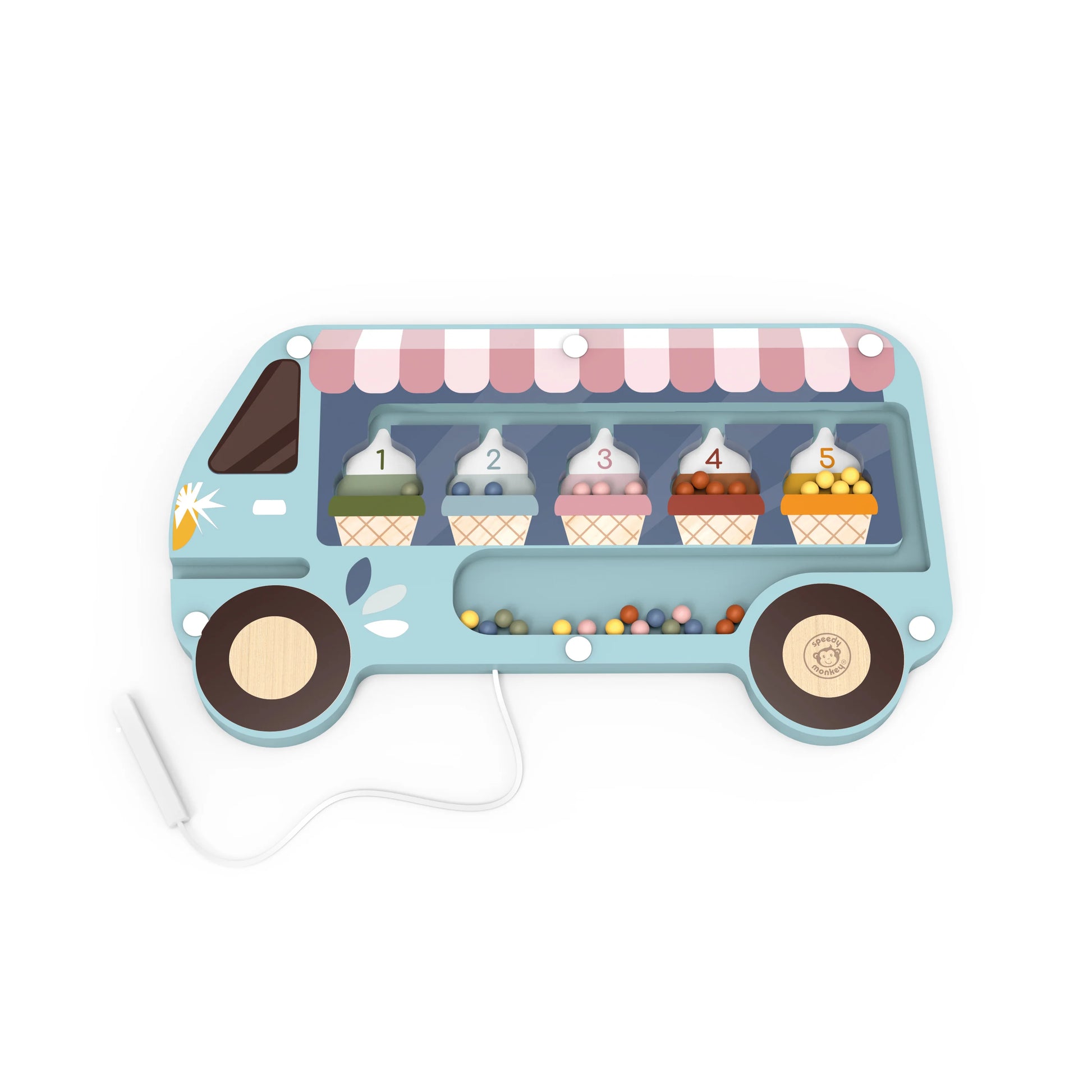 A wooden toy ice cream truck with a light blue body, pink and white striped awning, five numbered ice cream cones, and a white power cord, shown on a plain white background.