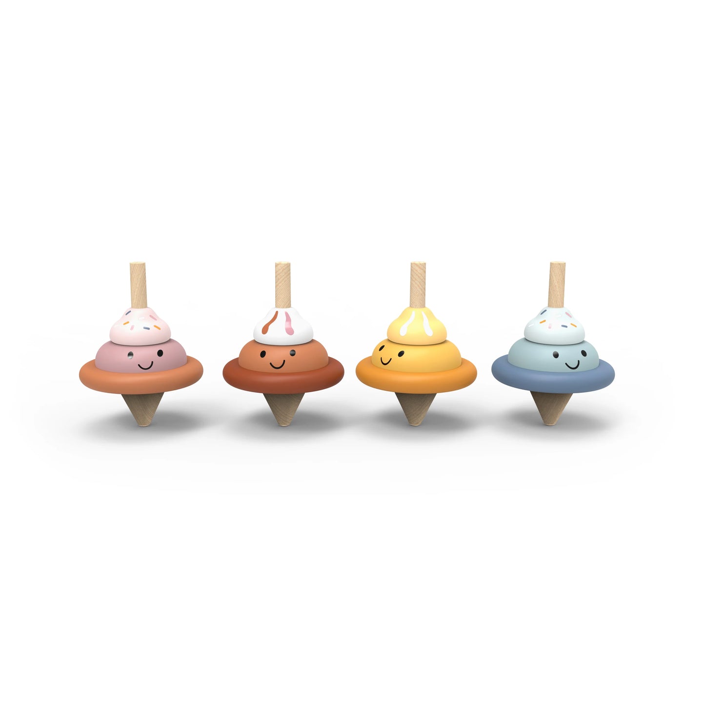 Four wooden toy spinning tops shaped like ice cream cones, each with a smiling face and colorful swirl tops in pink, brown, yellow, and blue, arranged in a row on a white background.