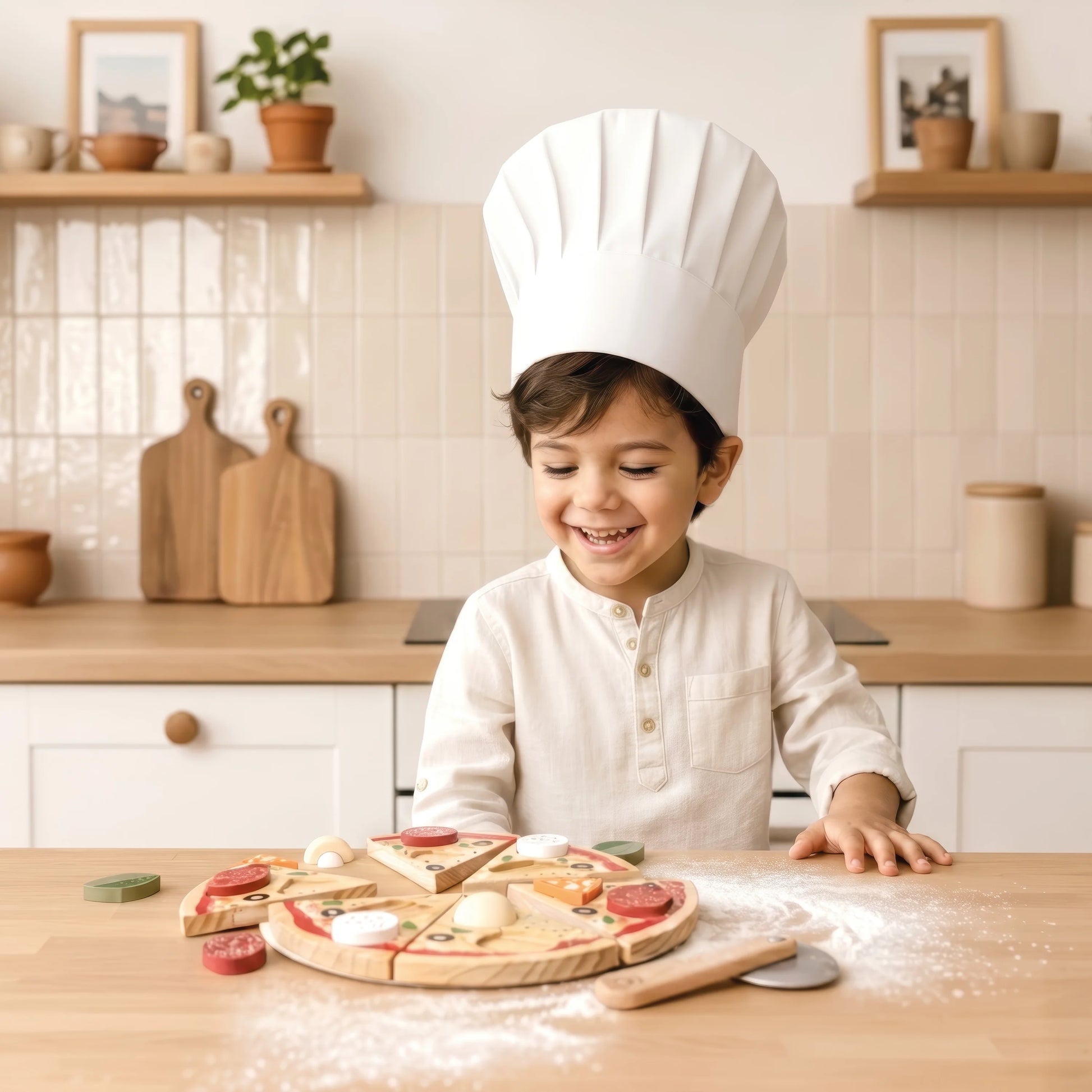 A young child wearing a white paper chef hat and a cream-colored long-sleeve shirt stands behind a wooden table in a bright kitchen, smiling at a wooden toy pizza with pizza toppings. A wooden rolling pin and a pizza cutter are on the table next to the toy pizza, with flour scattered on the surface.