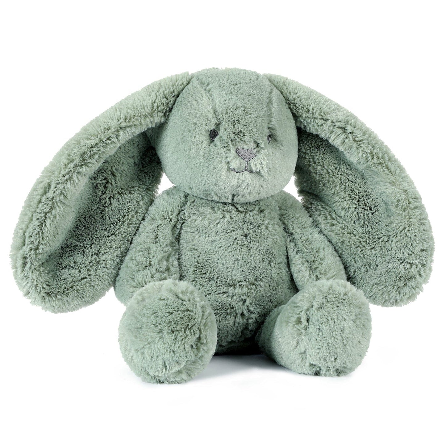 Green plush bunny toy on a white background