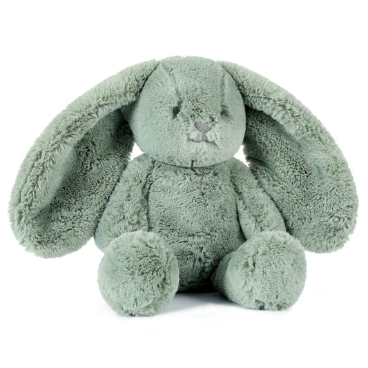 Green plush bunny toy on a white background