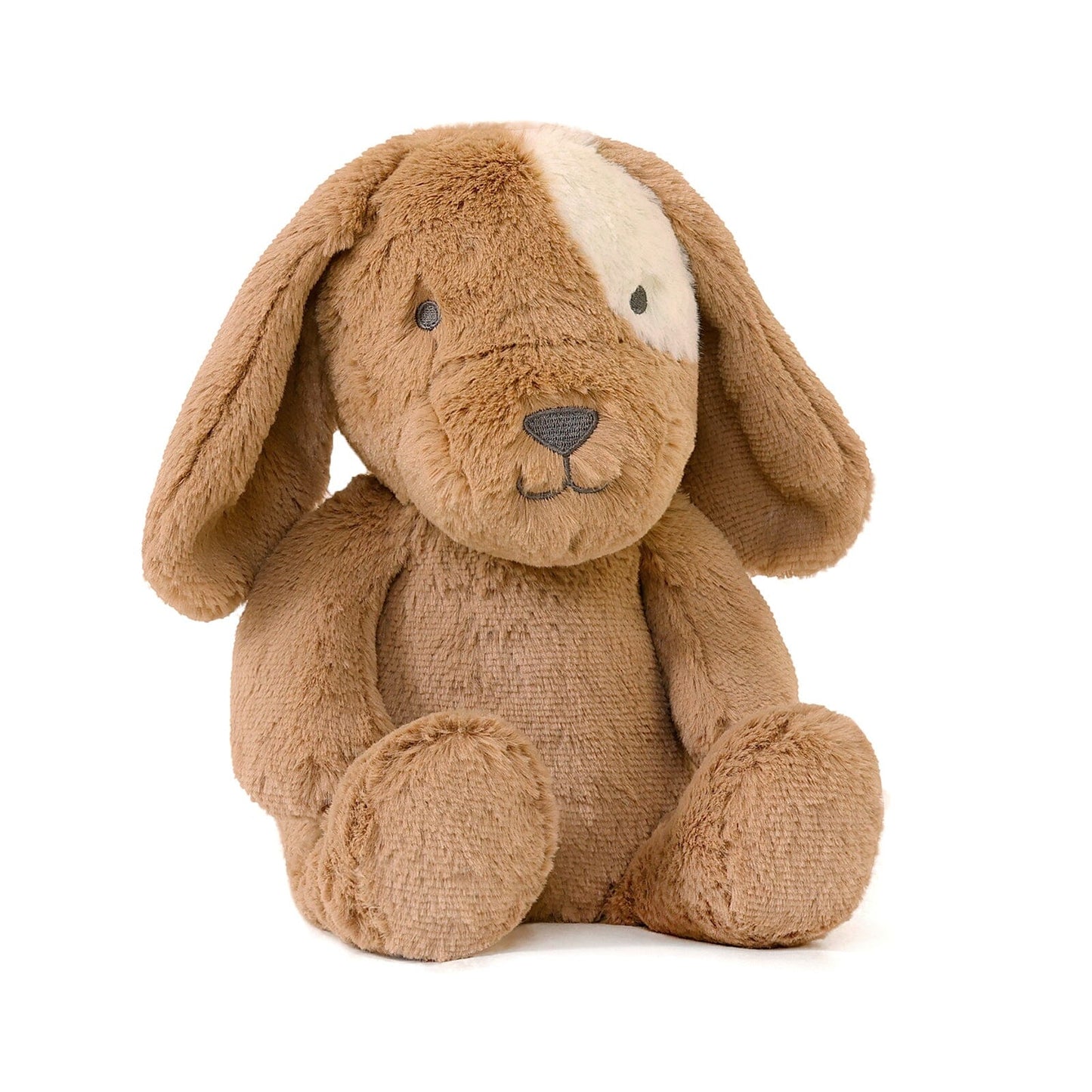 Brown plush dog toy on a white background