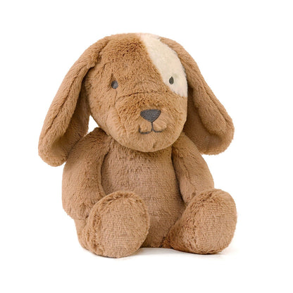 Brown plush dog toy on a white background