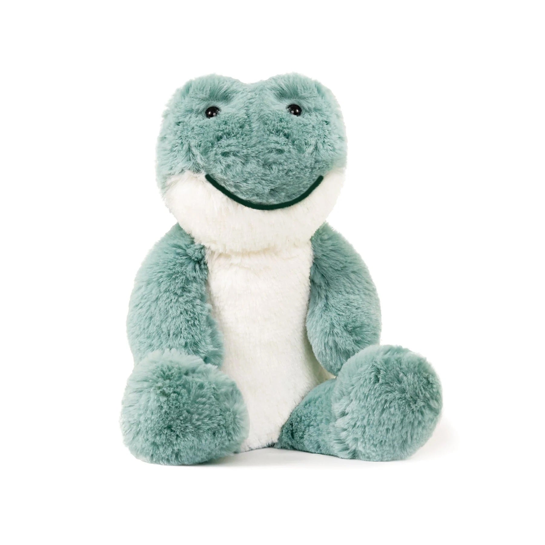 Plush toy dinosaur with a white belly on a white background