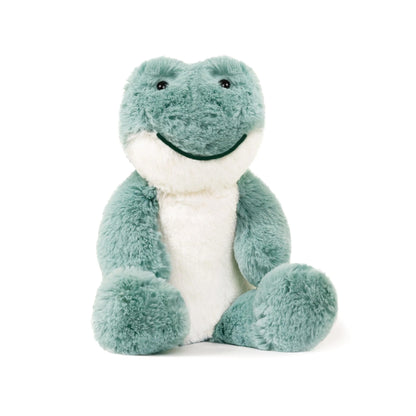 Plush toy dinosaur with a white belly on a white background