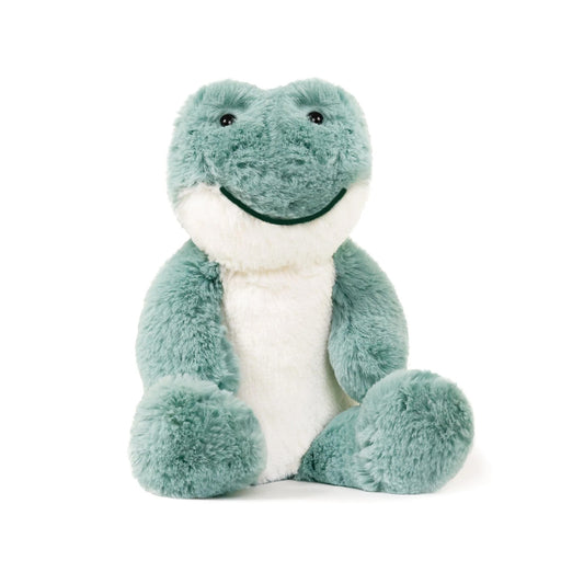 Plush toy dinosaur with a white belly on a white background