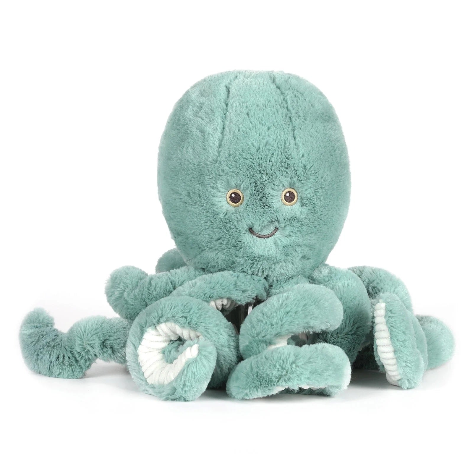 Teal plush octopus toy on a white background