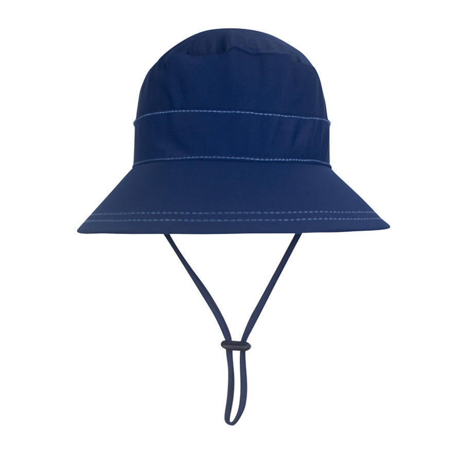 Navy bucket hat with a chin strap on a white background