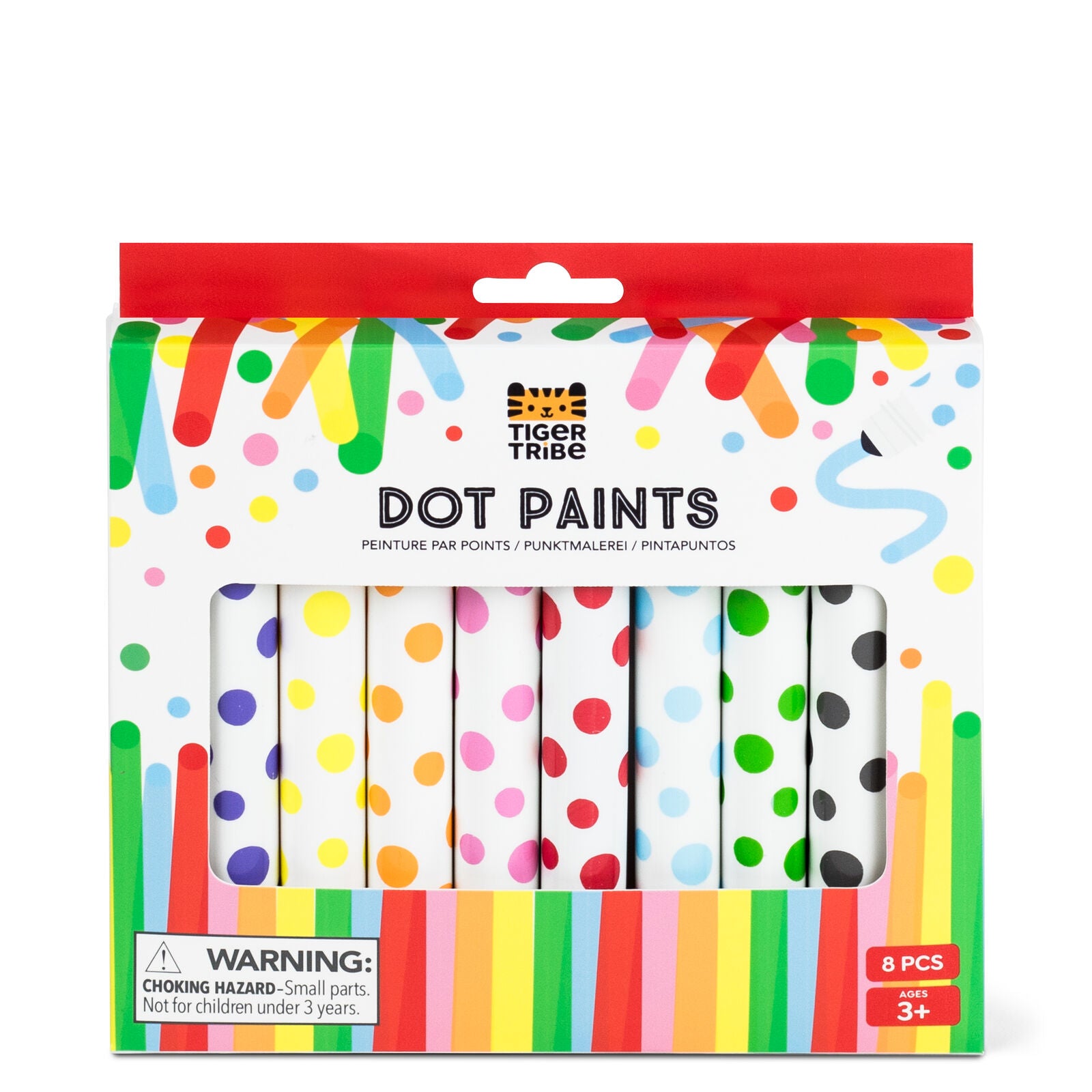 Packaging of Tiger Tribe dot paints with colorful polka dot designs on a white background.