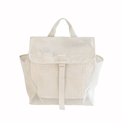 Beige mesh tote bag with clear side panels on a white background