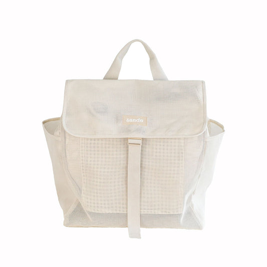 Beige mesh tote bag with clear side panels on a white background