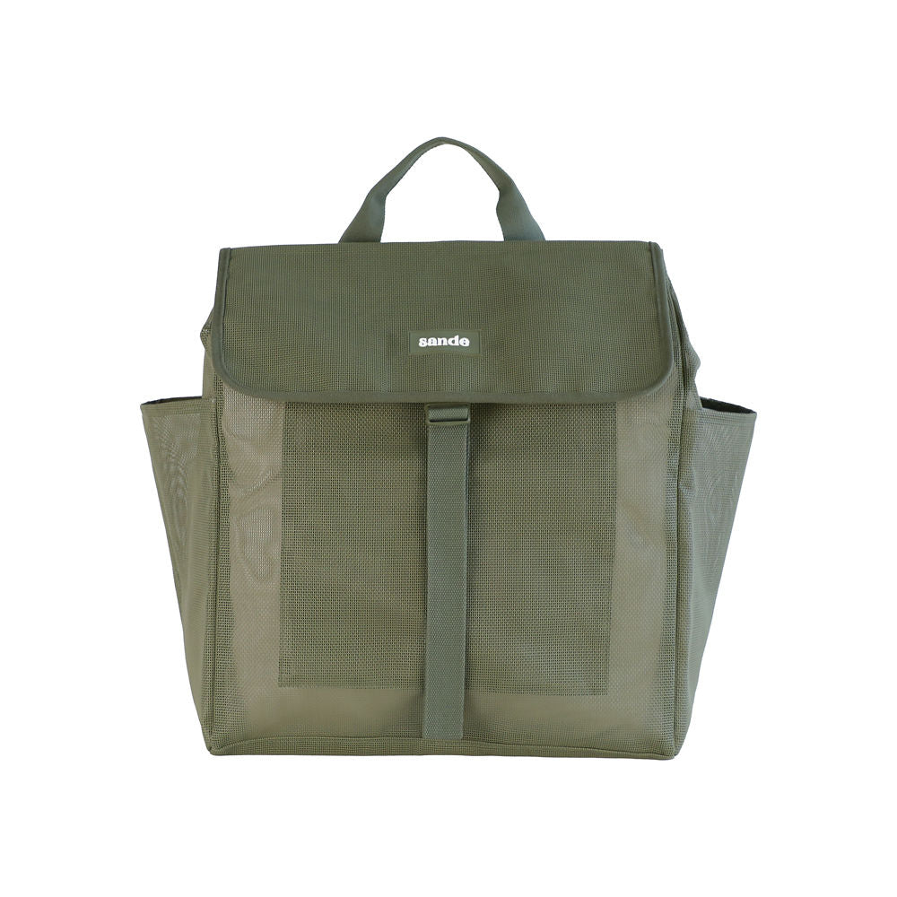 Green backpack with mesh side panel on a white background