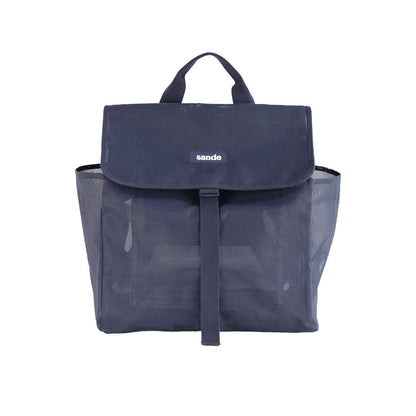 Navy blue backpack with mesh side panels on a white background