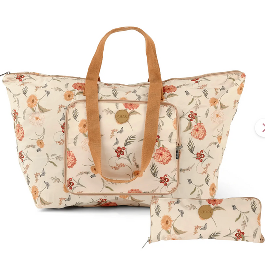 Floral-patterned tote bag with matching pouch on a white background