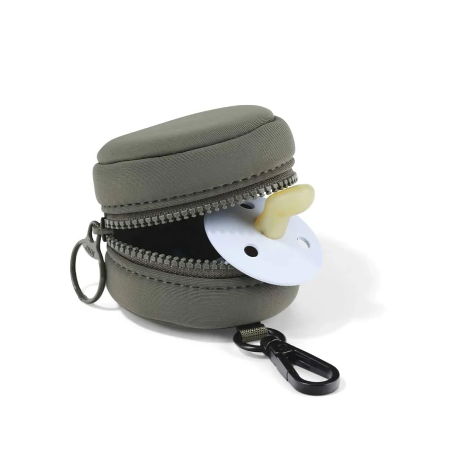 Gray pacifier case with a white pacifier on a white background