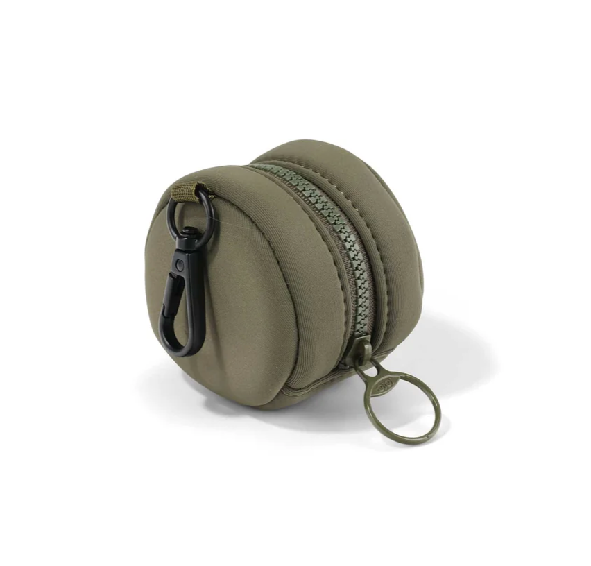 Green round pouch with a zipper and key ring on a white background
