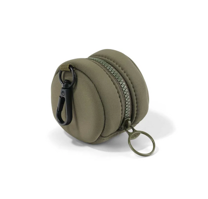 Green round pouch with a zipper and key ring on a white background
