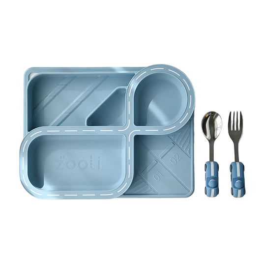 Blue children's tray set with utensils on a white background
