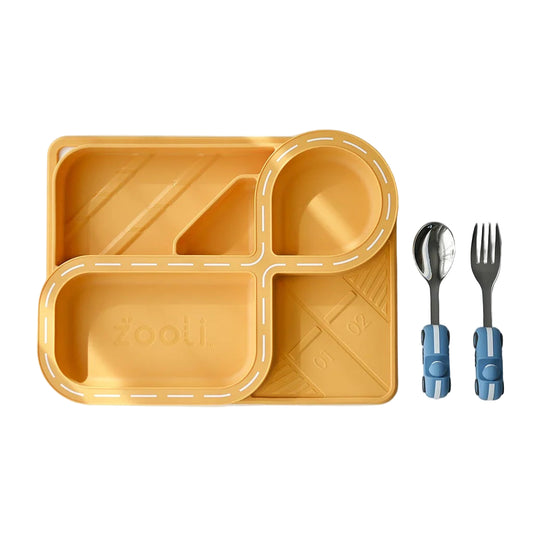 Yellow divided tray with blue-handled fork and spoon on a white background