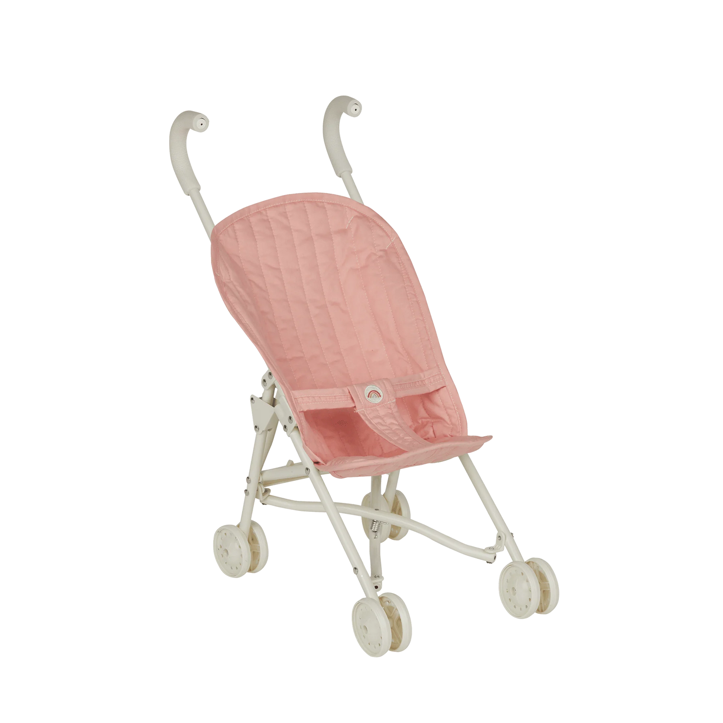 Pink baby stroller with white frame on a white background