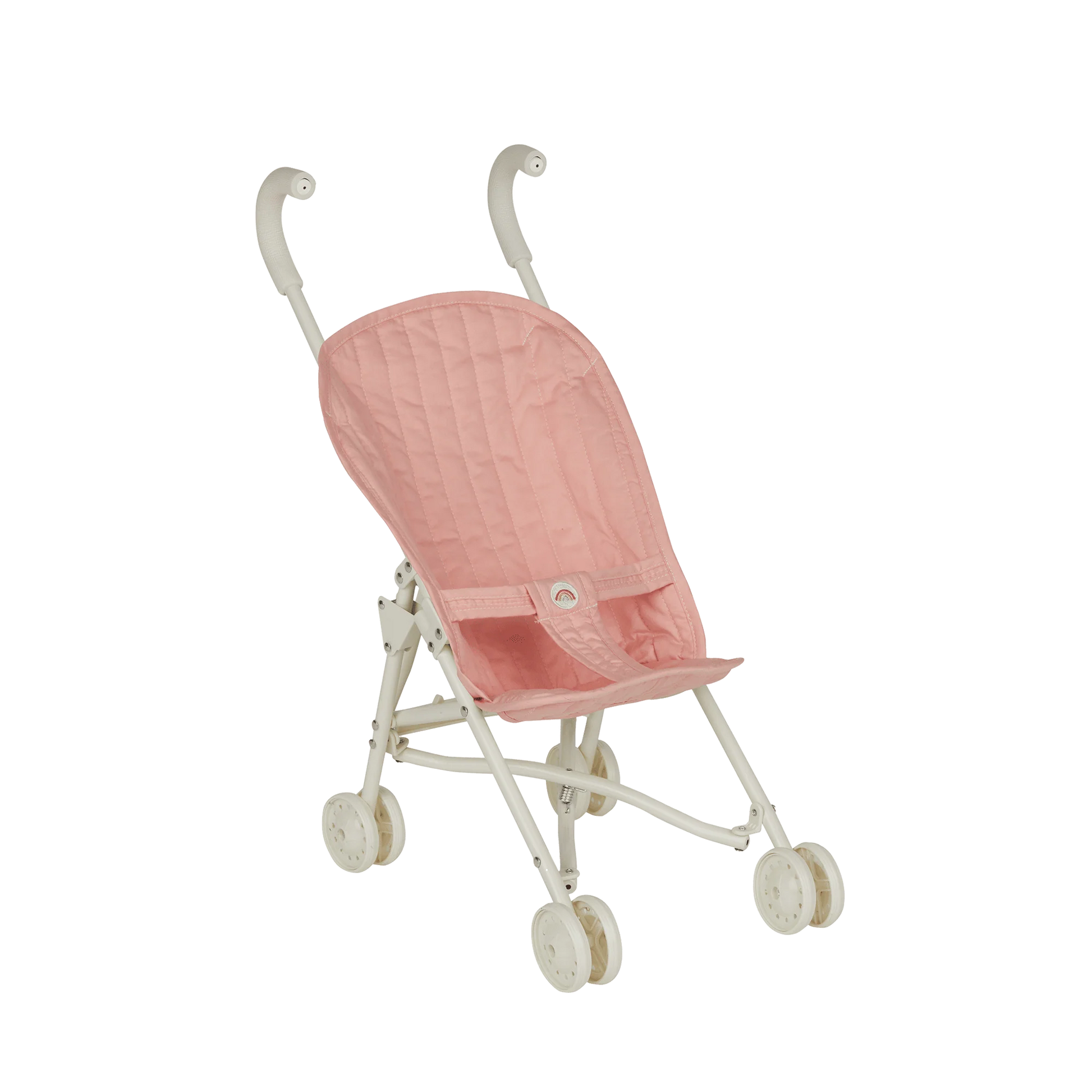 Pink baby stroller with white frame on a white background