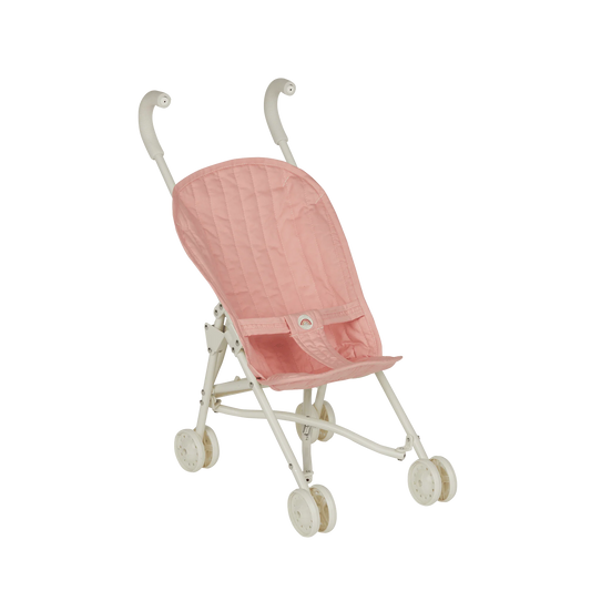 Pink baby stroller with white frame on a white background