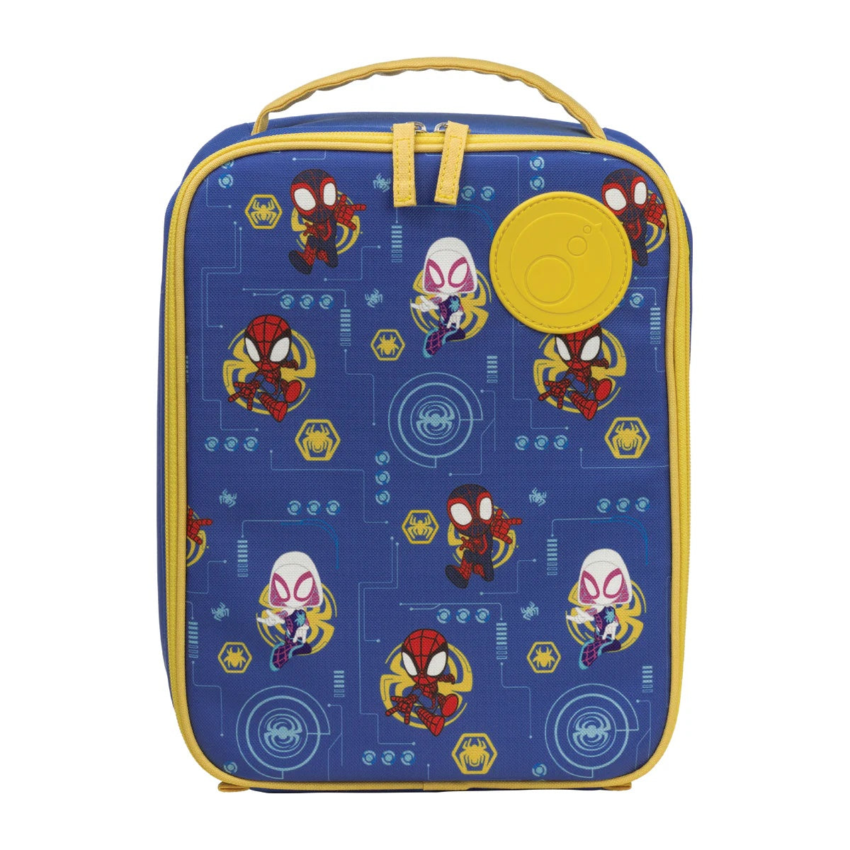 Spider-Man themed lunch bag with blue background and yellow accents