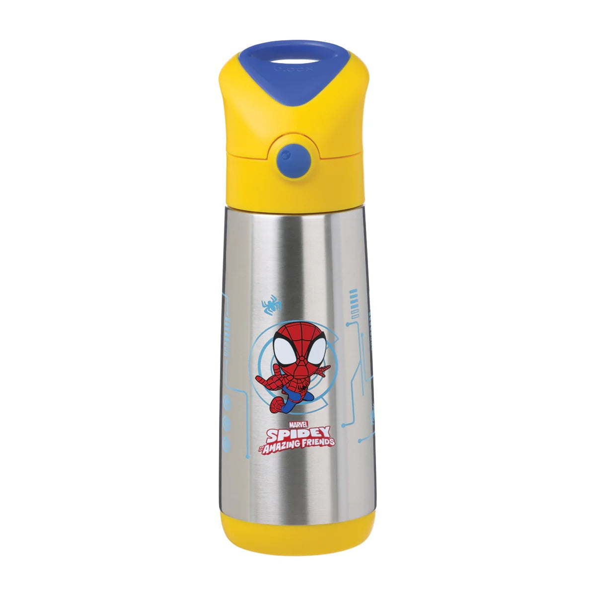 Spider-Man themed water bottle with yellow and blue accents on a white background