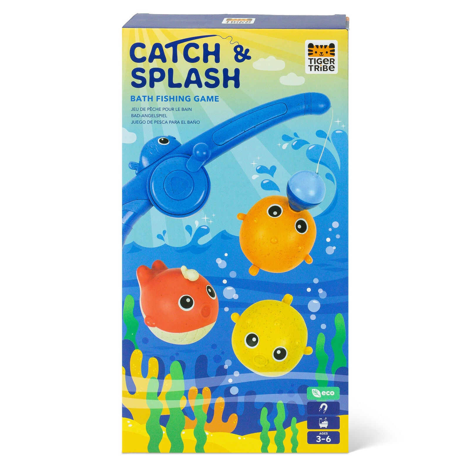 Box of 'Catch & Splash' bath fishing game by Tiger Tribe with colorful fish illustrations on a blue background.