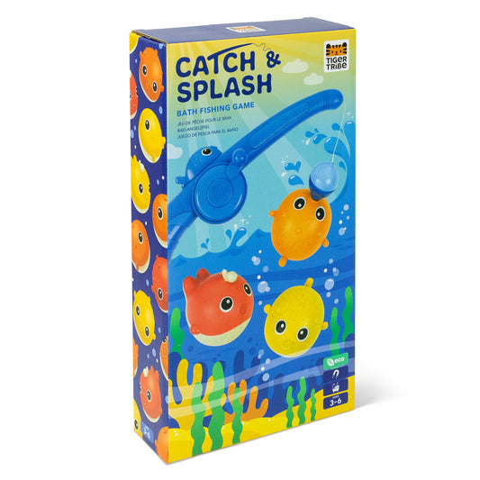 Box of 'Catch & Splash' bath fishing game with colorful fish illustrations on a white background