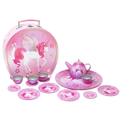 Pink unicorn-themed tea set with carrying case on a white background