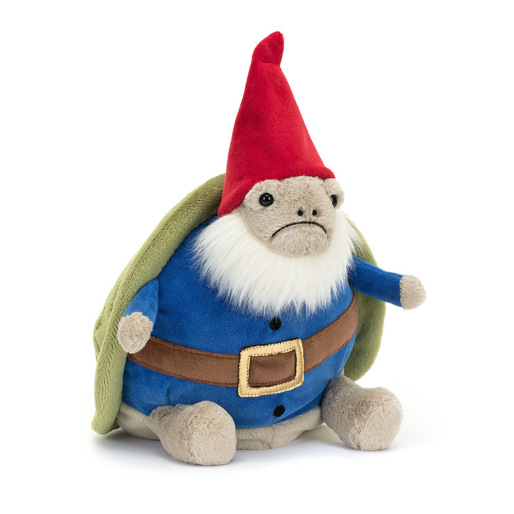 Plush toy gnome with a red hat and blue outfit on a white background