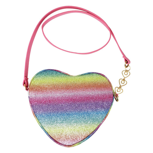 Heart-shaped glittery purse with a pink strap on a white background