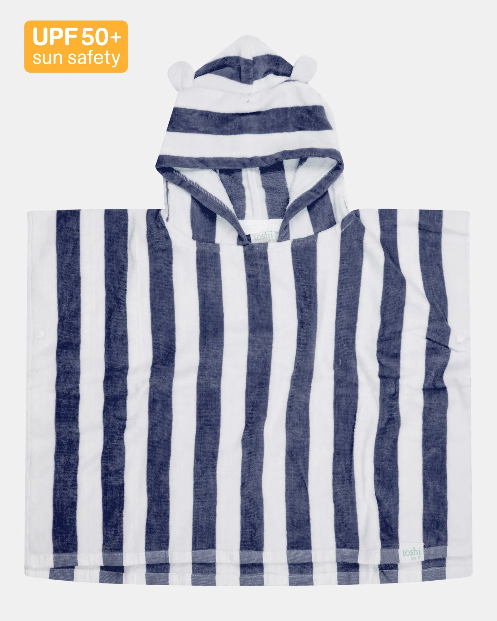 Blue and white striped hooded towel with UPF 50+ sun safety label on a white background