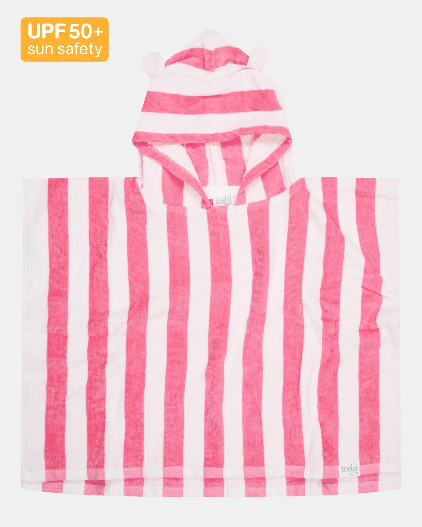 Pink and white striped poncho with hood on a white background