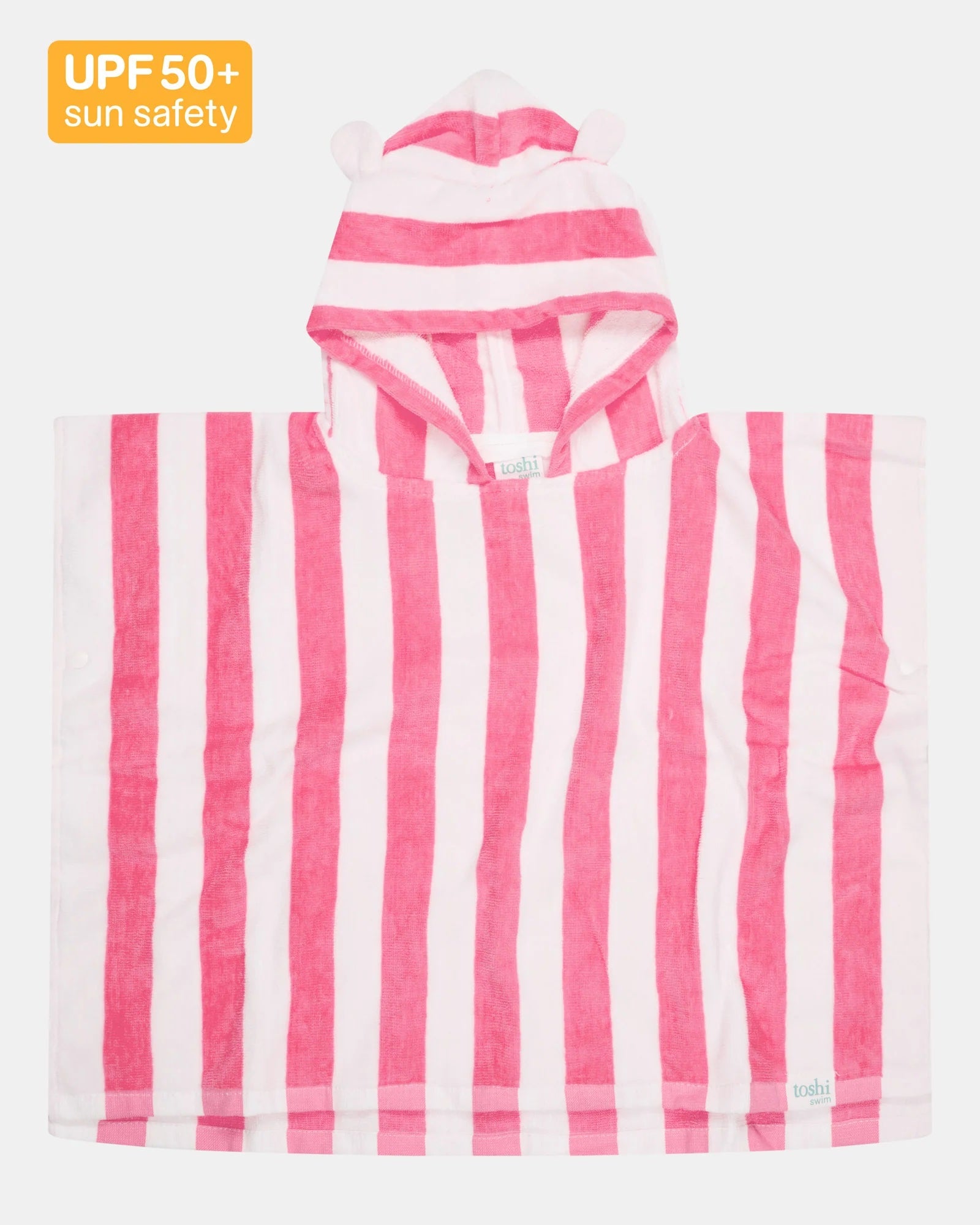 Pink and white striped poncho with hood on a white background