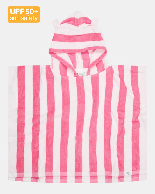 Pink and white striped poncho with hood on a white background